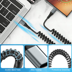 YONO Uitrekbare Krulkabel - USB C naar USB C - Geschikt voor Auto - 1.5 Meter