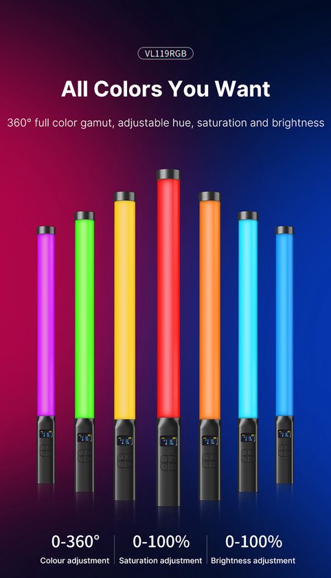 Ulanzi VL119 RGB Tube Light XL met handvat - 50 cm - Stream lamp - RGB lightpainting - 2.000 mAh batterij - 20 lichtscenes - Zwart