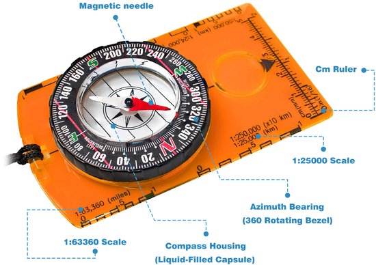 YONO Plaatkompas - Kaartkompas - Kompas met Liniaal en Vergrootglas - Waterdicht - Oranje
