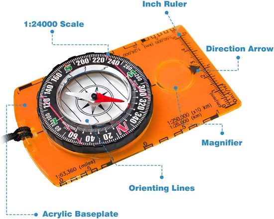 YONO Plaatkompas - Kaartkompas - Kompas met Liniaal en Vergrootglas - Waterdicht - Oranje