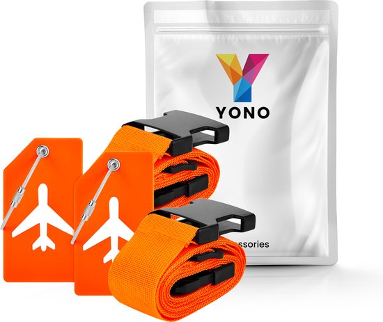 YONO Kofferriem met Kofferlabel - 2 Kofferband en 2 Bagagelabel - Dubbele Bagage Riem Verstelbaar - 4 Pack - Oranje