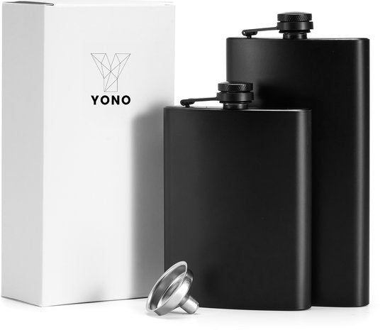 YONO Heupfles Set - 220ml en 330ml Flacon - Veldfles - Platvink met Trechter - Zakflacon - RVS Zwart - 2 Stuks