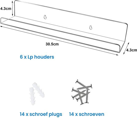 YONO LP Opbergsysteem Acryl - Houder aan de Muur - Platen Standaard - Display - Vinyl Rek - Platenhouder - 6 Stuks - Transparant