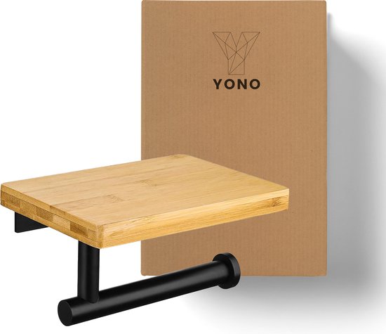 YONO Toiletrolhouder met Plankje - WC Rolhouder Zonder Boren - Toiletpapierhouder - RVS en Hout - Zwart
