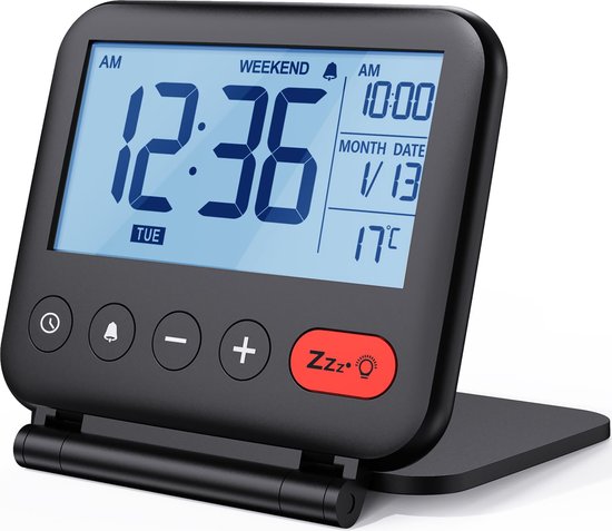 YONO Reiswekker Digitaal met Alarm - Klok met Temperatuur en Datum - Compact en Opvouwbaar voor Reizen - Zwart