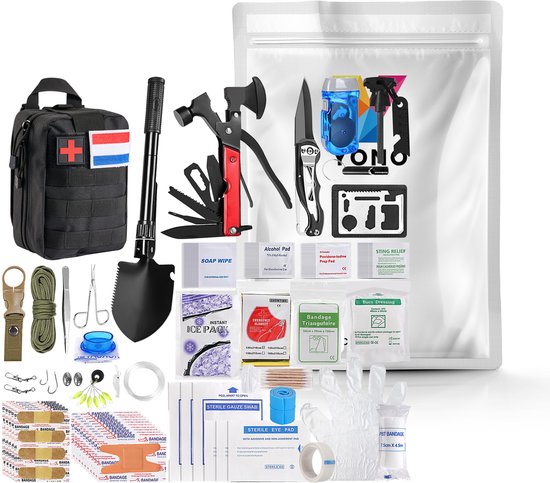 YONO Survival Kit Outdoor - Overlevingspakket Noodpakket Rampenrugzak - Mes - Schep - Vuurstarter - XL Set - Zwart