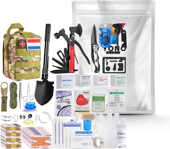 YONO Survival Kit Outdoor - Overlevingspakket Noodpakket Rampenrugzak - Mes - Schep - Vuurstarter - XL Set - Camouflage