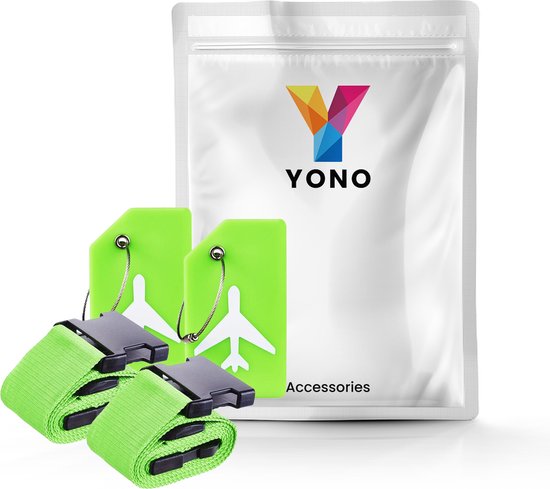 YONO Kofferriem met Kofferlabel - 2 Kofferband en 2 Bagagelabel - Dubbele Bagage Riem Verstelbaar - 4 Pack - Groen