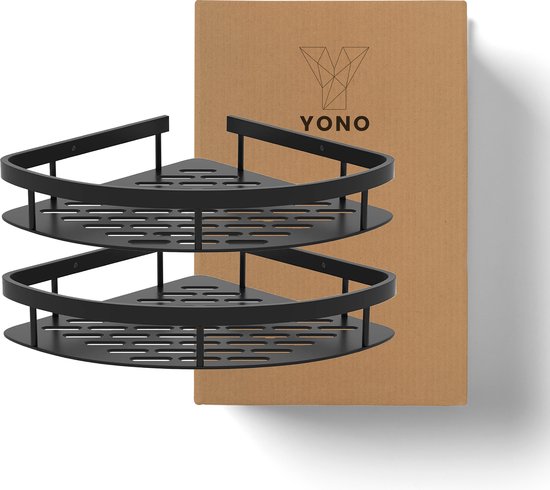 YONO Doucherek Hoek - Hangend zonder Boren - Zelfklevend Badkamer Rekje - 2 Laags - Zwart
