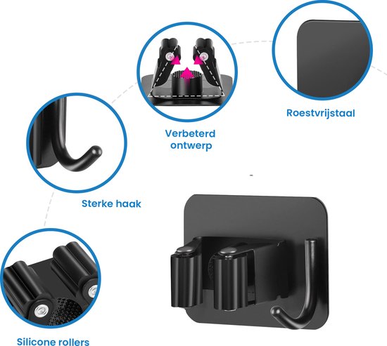 YONO Bezemhouder Ophangsysteem Zelfklevend - Bezem Houder met Haak - Haakjes 4 Stuks - Klem voor Stelen en Borstels - Plakhaakjes - Wandhaakjes - Tuingereedschap - Zwart