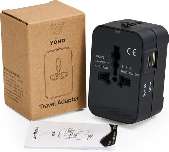YONO Reisstekker - Wereldstekker Universeel - USB-C en USB-A Reis Adapter - 150+ Landen - Amerika USA - Zuid Amerika - Engeland UK - Azië - Europa - Afrika - Thailand - Type G A - Zwart