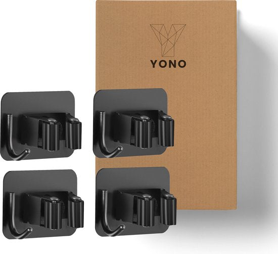 YONO Bezemhouder Ophangsysteem Zelfklevend - Bezem Houder met Haak - Haakjes 4 Stuks - Klem voor Stelen en Borstels - Plakhaakjes - Wandhaakjes - Tuingereedschap - Zwart