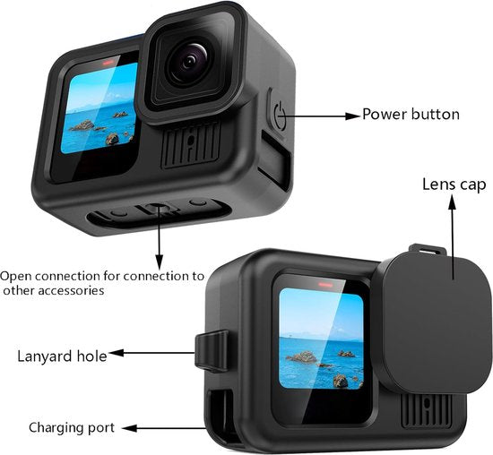 YONO Siliconen Bescherming Set geschikt voor GoPro Hero 13 12 11 10 9 - Case Hoesje - Lens Kapje - Koord - Zwart