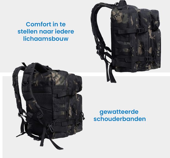 YONO Tactical Backpack Militaire Rugzak - Tactische Wandelrugzak Leger - 45L - Zwart Camouflage