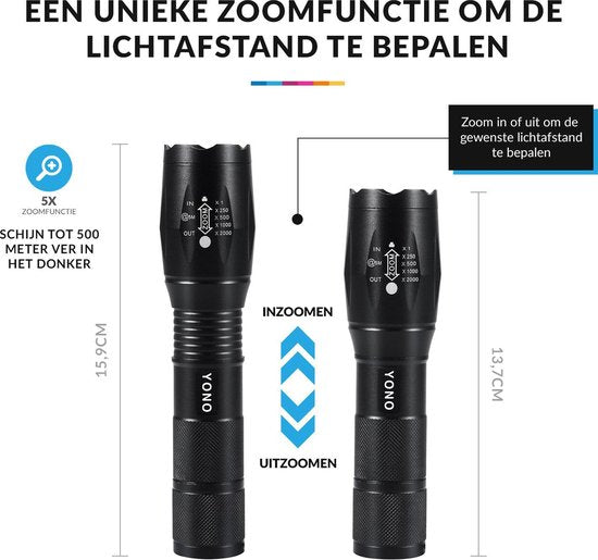 YONO Militaire Zaklamp LED Oplaadbaar - Inclusief Batterij en Oplader – Waterbestendige Zaklantaarn