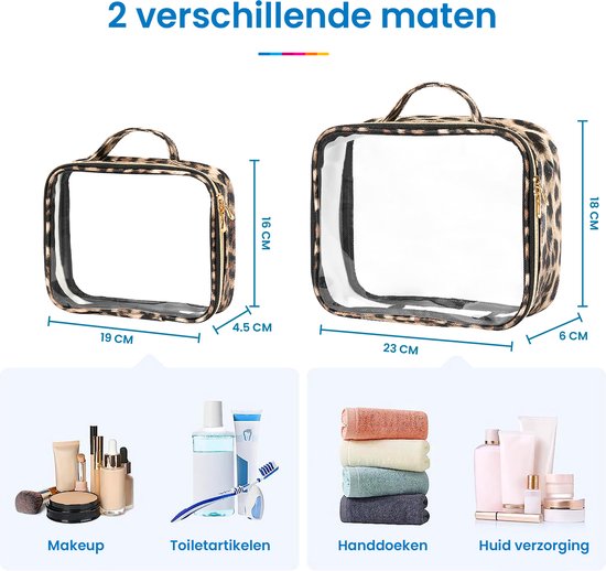 YONO Reis Toilettas Set voor Toiletartikelen – Transparante Travel Organizer Bag 2-Pack - Luipaard