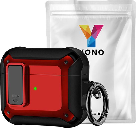 YONO Armor Hoesje geschikt voor Apple Airpods 3 (3e Generatie) - Hard Case met Lock en Clip - Rood