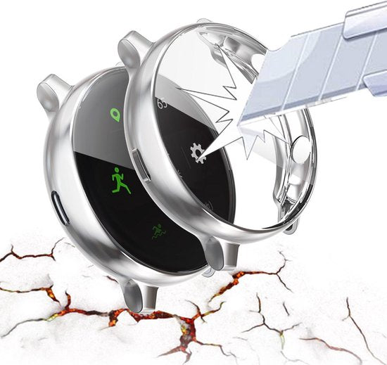 YONO Full Cover Bumper geschikt voor Samsung Galaxy Watch Active 2 44mm – Siliconen Case Screenprotector Hoesje – Zilver