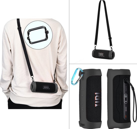 YONO Siliconen Hoes geschikt voor JBL Flip 6 / 5 - Case met Draagriem en Clip - Beschermhoes - Zwart