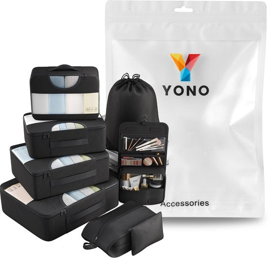 YONO Packing Cubes Set - Toilettas met Haak - Backpack Organizer - Koffer Organizers voor Kleding en Toiletspullen - Gymtas - 8-Delig - Zwart