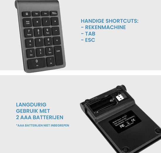 YONO Numpad Draadloos - Numeriek Toetsenbord - Keypad 2.4 ghz - Grijs