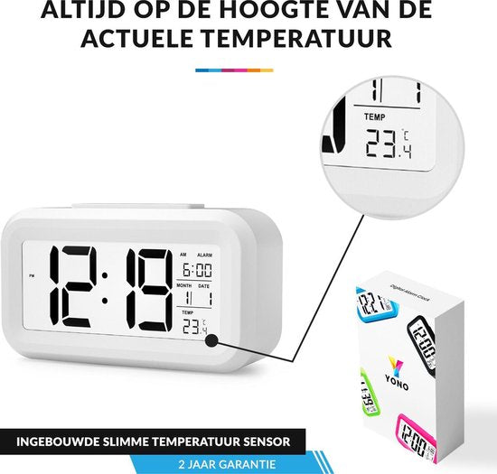 YONO Digitale Wekker - Alarm Klok met Temperatuur, Kalender en LED Verlichting - Wit
