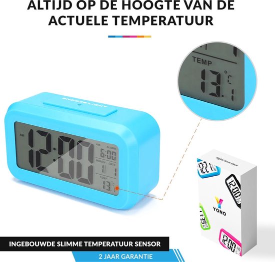 YONO Digitale Wekker - Alarm Klok met Temperatuur, Kalender en LED Verlichting - Blauw