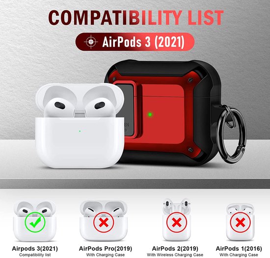 YONO Armor Hoesje geschikt voor Apple Airpods 3 (3e Generatie) - Hard Case met Lock en Clip - Rood