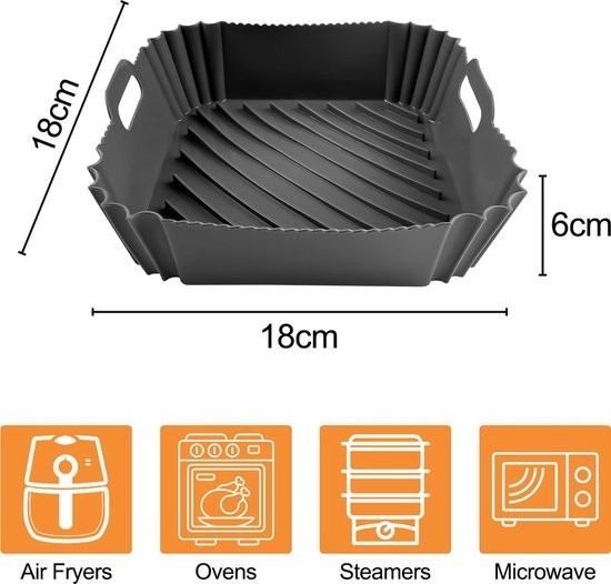 YONO Airfryer Bakjes - Vierkant Siliconen Mandje 20cm - Rechthoekig Bakpapier Accessoires - Zwart - 2 Stuks