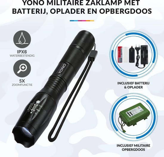 YONO Militaire Zaklamp LED Oplaadbaar - Inclusief Batterij en Oplader – Waterbestendige Zaklantaarn