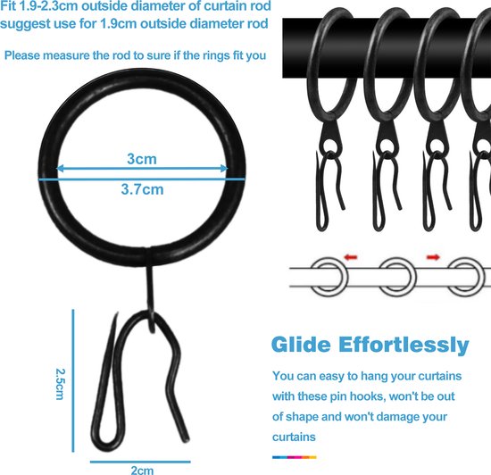 YONO Gordijnringen met Haken - 40 Stuks - Metaal - 30mm - Gordijnhaken voor Gordijnroede - Zwart