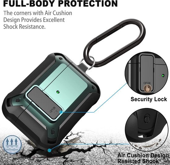 YONO Hoesje geschikt voor Airpods Pro 1 / 2 - Armor Case met Lock - Groen