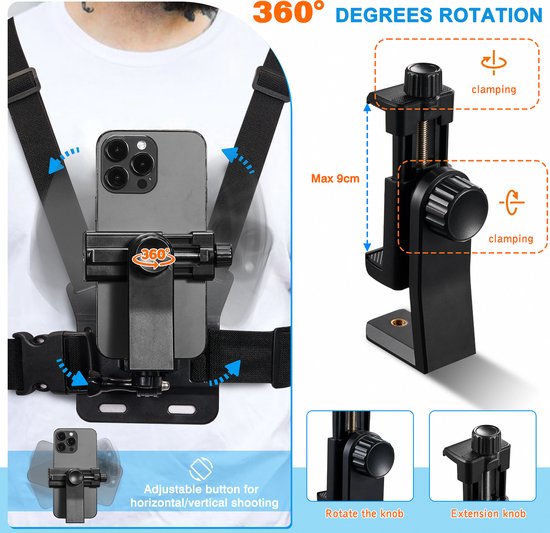 YONO Borstriem voor Telefoon - Chest Mount Smartphone Camera - Borstharnas geschikt voor GoPro - Borstband Stabalisator Strap - Zwart