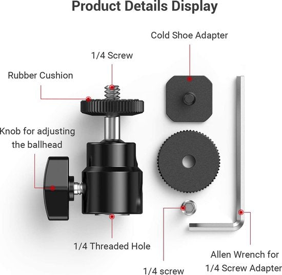 YONO Cold Shoe Adapter Mount voor Camera - Balhoofd Statiefkop 360 Graden Roteerbaar voor Statief met 1/4 Schroef Aansluiting - Zwart