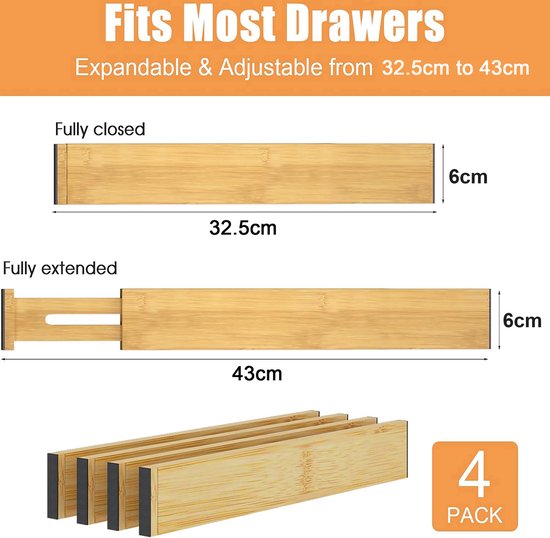 YONO Ladeverdeler Verstelbaar - Lade Organizer Verdeler Uitschuifbaar - 4 stuks - Keuken - Badkamer - Bamboe - 32.5cm