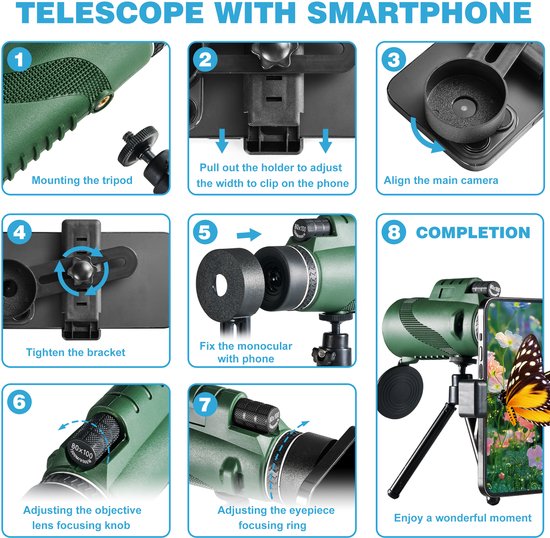 YONO Compacte Monokijker Smartphone - Monoculaire Telescoop - 80x100 - Verrekijker met Telefoon houder