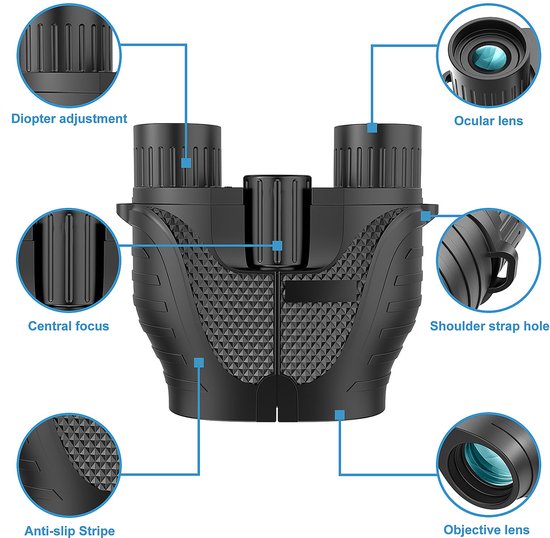 YONO Verrekijker voor Volwassene 10x25 - Compact en Waterdicht - Met Nekkoord en Draagtas - Zwart