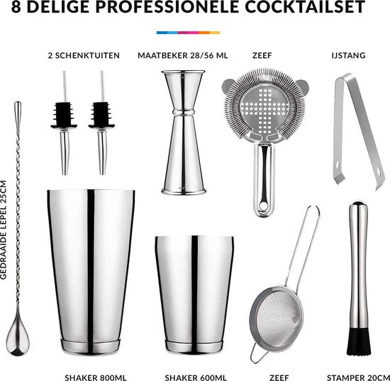YONO Premium Cocktailshaker Set 10-Delig - RVS 800ml met Bar Cocktail Accessoires - Zilver
