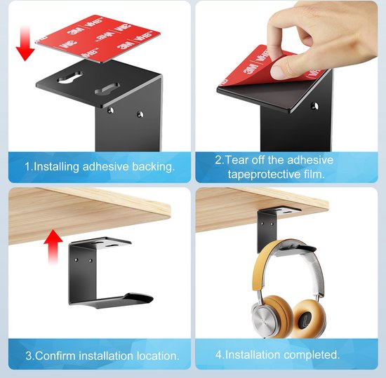 YONO Koptelefoon Houder Zelfklevend - Headset Haak - Hoofdtelefoon Hanger - Bureau - Metaal - Zwart