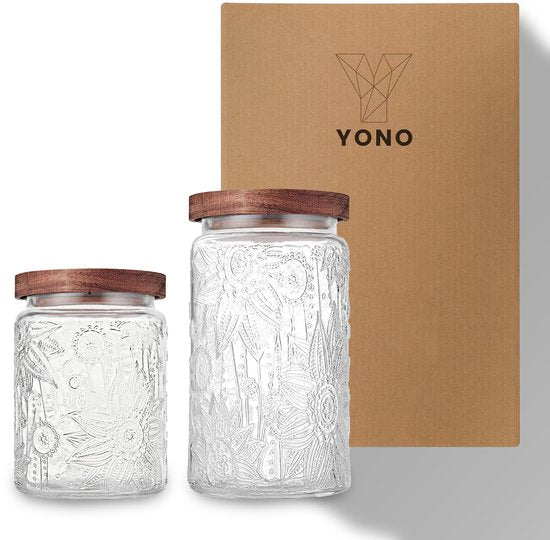 YONO Voorraadpotten Glas met Houten Deksel - Set van 2 - 700ml - 1000ml - Glazen Pot - Voorraadbussen