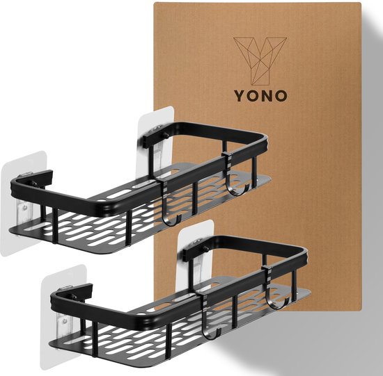 YONO Doucherek Wand - Hangend zonder Boren - Zelfklevend Badkamer Rekje - 2 Laags - Zwart