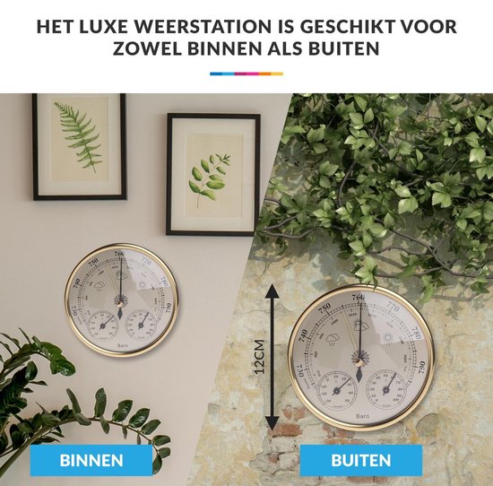 Luxe Barometer Weerstation met Thermometer en Hygrometer – Messing Goudkleurig – Voor Binnen en Buiten