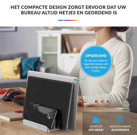 YONO Aluminium Laptop Standaard Verticaal XL – Verticale Houder voor Bureau / Tablet / Telefoon / Macbook - Zilver