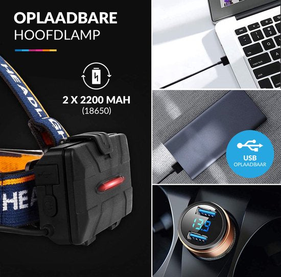 Hoofdlamp LED Oplaadbaar – Waterbestendig – 7 Hoofd Koplampen – Camping - Reis - Fiets - Verstelbaar