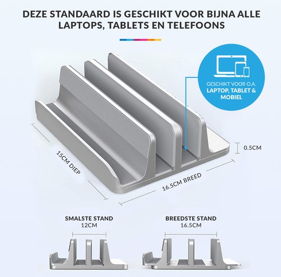 YONO Aluminium Laptop Standaard Verticaal XL – Verticale Houder voor Bureau / Tablet / Telefoon / Macbook - Zilver