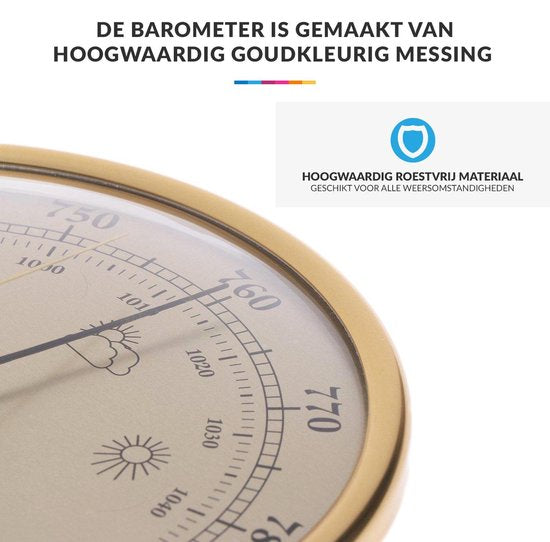 Luxe Barometer Weerstation met Thermometer en Hygrometer – Messing Goudkleurig – Voor Binnen en Buiten