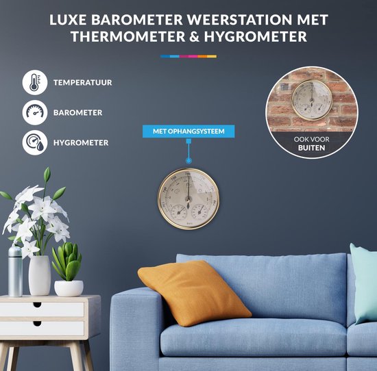 Luxe Barometer Weerstation met Thermometer en Hygrometer – Messing Goudkleurig – Voor Binnen en Buiten