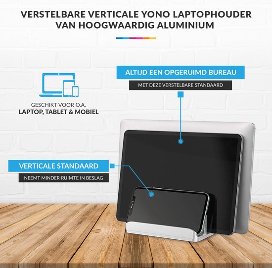 YONO Aluminium Laptop Standaard Verticaal XL – Verticale Houder voor Bureau / Tablet / Telefoon / Macbook - Zilver