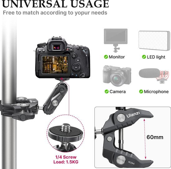 Ulanzi R094 Super Clamp statiefklem - Buisklem met balhoofd en Magic Arm - Tot 6 centimeter dik - 3/8 inch schroefgat