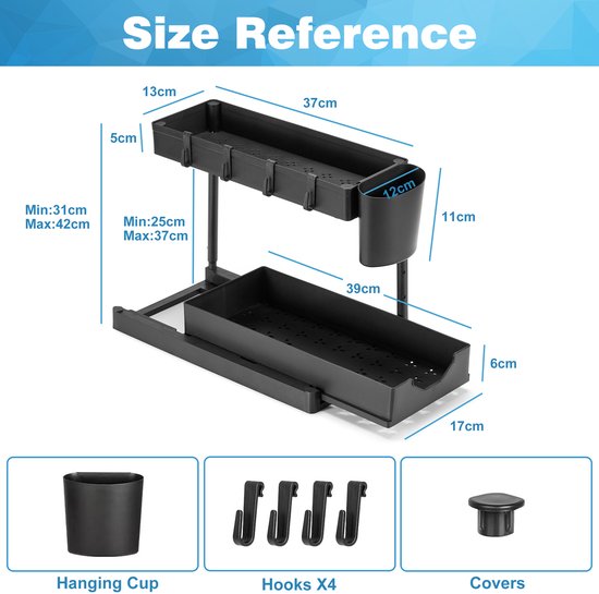 YONO Gootsteenkast Organizer Uitschuifbaar - Hoogte Verstelbaar - Keukenkast Rek - Gootsteenrek - Zwart